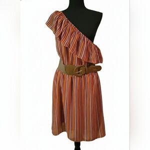 Bisou Bisou One-Shoulder Striped Dress in Orange and Brown